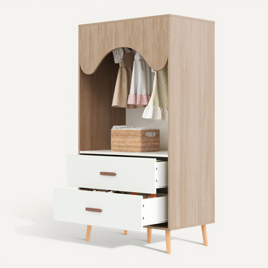 Armoire Enfant Ouverte Avec Penderie Et Tiroirs, Bois Naturel Et Blanc, 80x46x141,5 Cm Armoire Enfant Ouverte Avec Penderie Et Tiroirs, Bois Naturel Et Blanc, 80x46x141,5 Cm