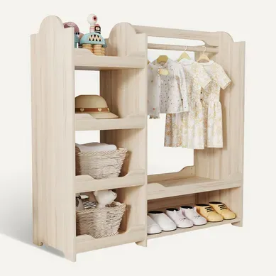 Garde-robe Enfant Avec Penderie Et 4 Étagères, Bois Naturel, 110x39x110 Cm