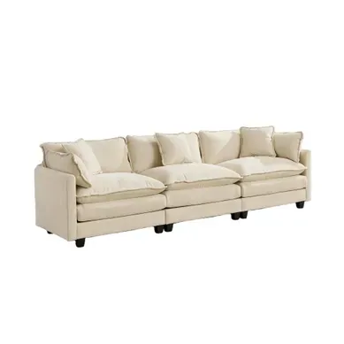 Canapé Modulable Cloud 3 Places, Assise Double Couche En Chenille Beigee, Moderne Pour Salon