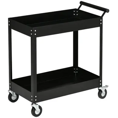 Chariot D’atelier En Acier Noir à 2 étagères Avec Roues Et Poignée Latérale, Charge 150 kg Chariot D’atelier En Acier Noir à 2 étagères Avec Roues Et Poignée Latérale, Charge 150 kg