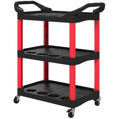 Chariot D’atelier à 3 étagères Avec Poignées Et Trous Pour Outils, Rouge Et Noir, Charge Max 91 kg Chariot D’atelier à 3 étagères Avec Poignées Et Trous Pour Outils, Rouge Et Noir, Charge Max 91 kg
