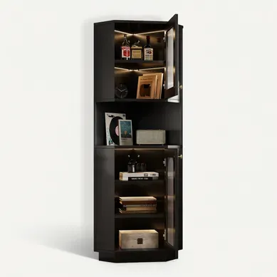 Vitrine D’angle Avec Éclairage LED, Étagères Ajustables Et Rangement Fermé, Noir Vitrine D’angle Avec Éclairage LED, Étagères Ajustables Et Rangement Fermé, Noir