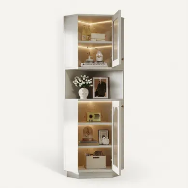 Vitrine D’angle Avec Éclairage LED, Étagères Ajustables Et Rangement Fermé, Blanc Vitrine D’angle Avec Éclairage LED, Étagères Ajustables Et Rangement Fermé, Blanc