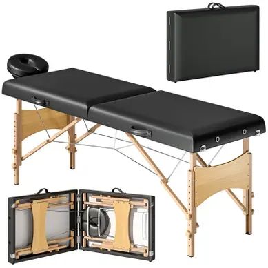 Table De Massage Pliable 2 Zones Réglable Avec Appui-tête, 70 Cm De Large, Pieds En Bois