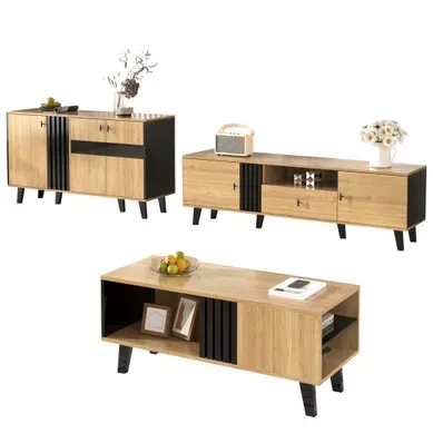 Ensemble Meuble De Salon 3 Pièces – Table Basse, Meuble TV Et Buffet, Bois Et Noir