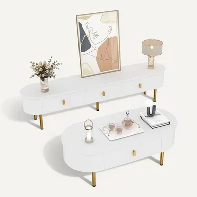 Ensemble Meuble TV Et Table Basse Léger Luxe Avec Tiroirs, Coins Arrondis, Blanc Et Or