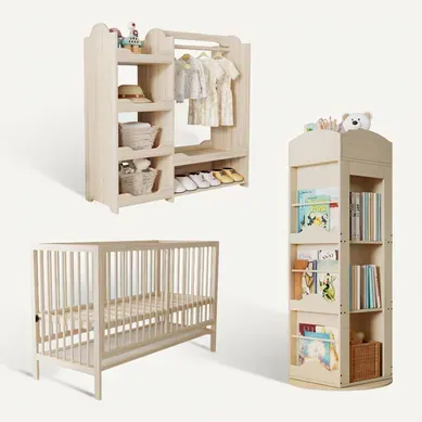 Ensemble Mobilier Enfant 3 Pièces, Lit Bébé Transformable, Armoire Et Étagère Pivotante, Naturel Ensemble Mobilier Enfant 3 Pièces, Lit Bébé Transformable, Armoire Et Étagère Pivotante, Naturel