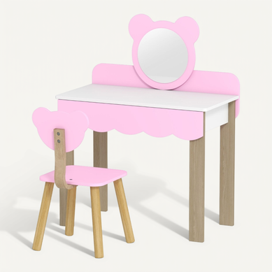 Set Coiffeuse Pour Enfants Avec Tabouret, Miroir Sécurisé En Forme D’ours, Mdf, Rose