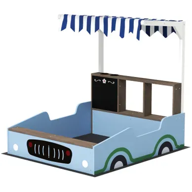 Bac à Sable Multifonction Enfant Avec Toit, Banc, Tableau Et Design Magasin, Bleu Bac à Sable Multifonction Enfant Avec Toit, Banc, Tableau Et Design Magasin, Bleu