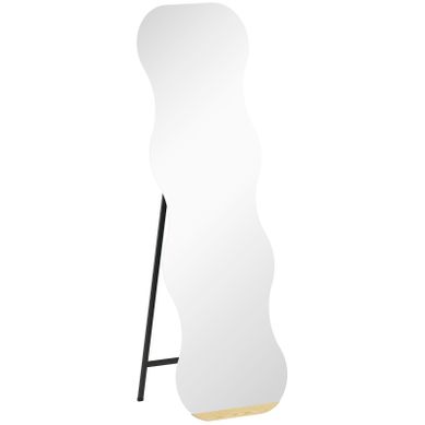 Miroir Pleine Longueur 160x50 Cm Sans Cadre, Forme Ondulée Avec Base Bois Noir
