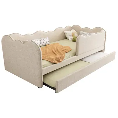Lit Gigogne 90x190 cm Beige En Lin Avec Tiroir Extensible Et Design Nuage Lit Gigogne 90x190 cm Beige En Lin Avec Tiroir Extensible Et Design Nuage