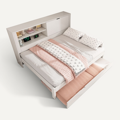 Lit Gigogne 140x190 cm Blanc Avec Lit Gigogne 90x190 Et Rangement USB Intégré Lit Gigogne 140x190 cm Blanc Avec Lit Gigogne 90x190 Et Rangement USB Intégré