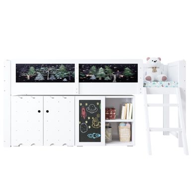 Lit Mi-haut Enfant Avec Armoires Et Tableau à Craie 90x200cm