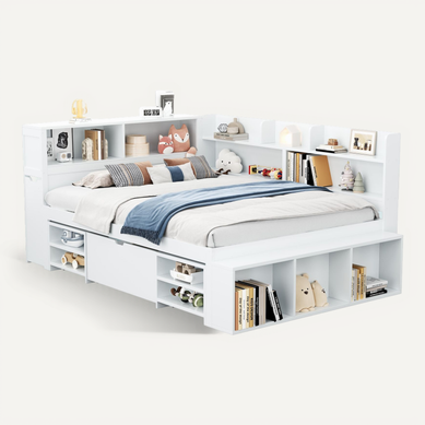Lit Enfant 145x190 Cm Blanc Multifonction Avec Tiroirs Et étagères, Grand Rangement Intégré Lit Enfant 145x190 Cm Blanc Multifonction Avec Tiroirs Et étagères, Grand Rangement Intégré