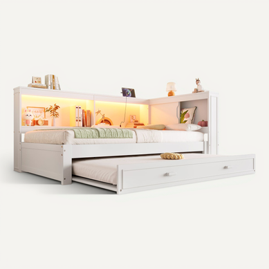 Canapé-lit 90x200 Cm Blanc Avec Lit Gigogne, LED, USB, Prise Et Rangements Intégrés Canapé-lit 90x200 Cm Blanc Avec Lit Gigogne, LED, USB, Prise Et Rangements Intégrés