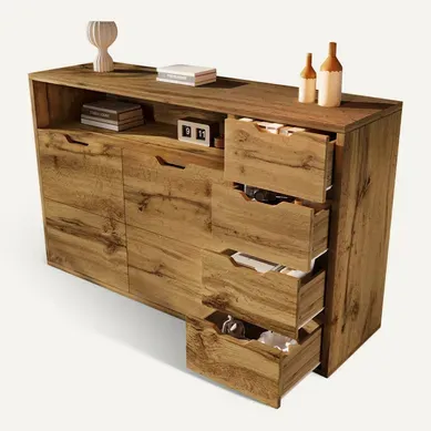 Commode 150 Cm Finition Chêne Avec Niche Ouverte, 2 Portes, 4 Tiroirs Et Structure Métal Noire Commode 150 Cm Finition Chêne Avec Niche Ouverte, 2 Portes, 4 Tiroirs Et Structure Métal Noire