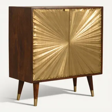 Buffet En Bois Massif Manila Gold Avec 2 Portes Et 2 étagères, Finition Naturelle, 75×35×80 Cm