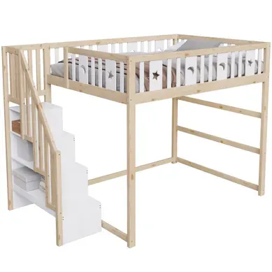 Lit Mezzanine Enfant 140x200 Cm Avec Escalier Rangement, Garde-corps Sécurité, Décor étoiles Et Lune