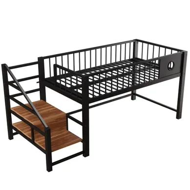 Lit Mi-haut 90x200 Cm En Métal Noir Avec échelle De Rangement Intégrée, Structure Robuste