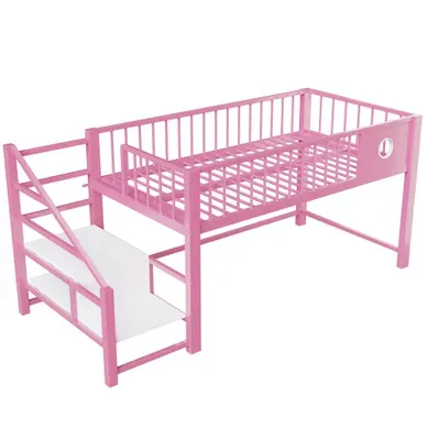 Lit Mi-haut 90x200 Cm En Métal Rose Avec échelle De Rangement Intégrée, Structure Robuste