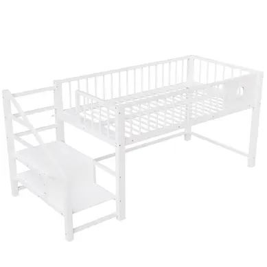 Lit Mi-haut 90x200 Cm En Métal Blanc Avec échelle De Rangement Intégrée, Structure Robuste