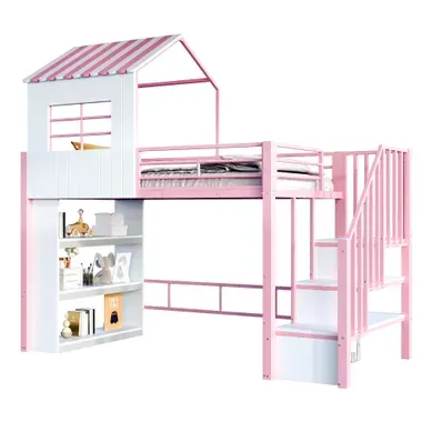 Lit Mezzanine 90x200 Cm Design Maison Avec Garde-corps Haut, Escalier De Rangement Réversible, Rose