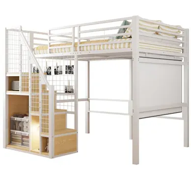 Lit Mezzanine 140x200 Cm Blanc Avec Escalier Sécurisé, Rangements Intégrés Et Grande Surface Lit Mezzanine 140x200 Cm Blanc Avec Escalier Sécurisé, Rangements Intégrés Et Grande Surface