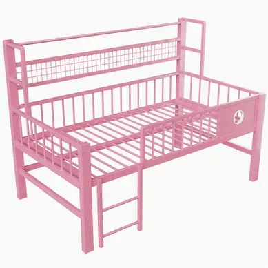 Lit Mezzanine Bas 90x200 Cm En Métal Rose Avec Barrière Haute, Rangements Et Grille De Stockage
