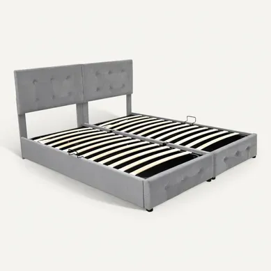 Lit Coffre 180x200 Multifonction 2-en-1 Convertible En Deux Lits 90x200, Velours Gris, 24 Lattes