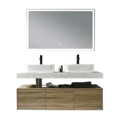 Meuble De Salle De Bain Double Vasque 140cm Bois Et Effet Marbre Avec Miroir LED Meuble De Salle De Bain Double Vasque 140cm Bois Et Effet Marbre Avec Miroir LED