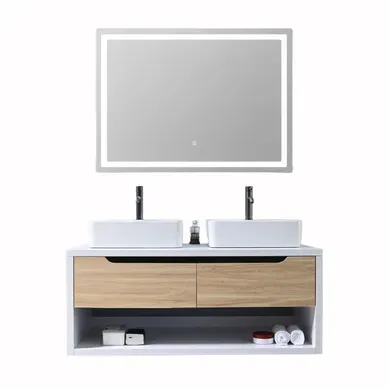 Meuble De Salle De Bain Double Vasque 120cm Bois Et Blanc Avec Miroir LED Lb-8153-120 Meuble De Salle De Bain Double Vasque 120cm Bois Et Blanc Avec Miroir LED Lb-8153-120
