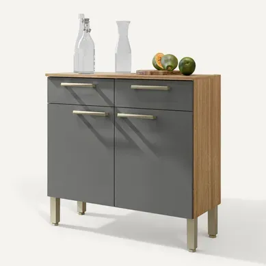 Buffet Bas Meuble Cuisine 2 Portes 2 Tiroirs Chêne Et Gris 2 Niches 91 Cm