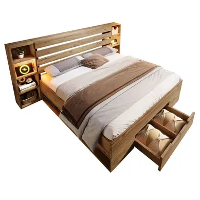 Lit Adulte 160x200, Lit Double Avec Chevets Suspendus, Tiroirs, LED, Ports USB, Mdf, Chêne
