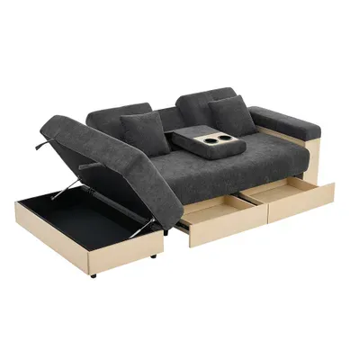 Canapé-lit Avec Pouf De Rangement, 2 Tiroirs, 2 Porte-verres, 2 Coussins, étagère, Chenille, Gris Canapé-lit Avec Pouf De Rangement, 2 Tiroirs, 2 Porte-verres, 2 Coussins, étagère, Chenille, Gris