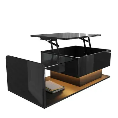 Table Basse Relevable - Plateau En Verre - éclairage LED - Panneaux De Particules - Noir Brillant Table Basse Relevable - Plateau En Verre - éclairage LED - Panneaux De Particules - Noir Brillant