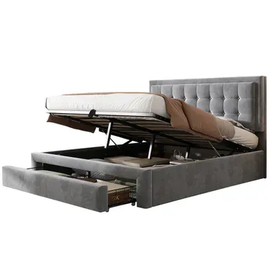 Lit Coffre 140x190 Cm Avec 2 Tiroirs, Lit Adulte Avec Sommier à Lattes, Velours, Gris