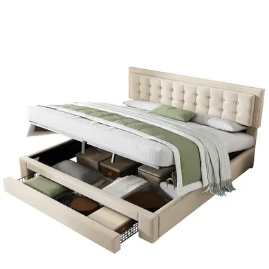 Lit Coffre 140x190 Cm Avec 2 Tiroirs, Lit Adulte Avec Sommier à Lattes, Velours, Beige Lit Coffre 140x190 Cm Avec 2 Tiroirs, Lit Adulte Avec Sommier à Lattes, Velours, Beige