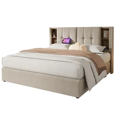 Lit Coffre Rembourré 180x200cm - Prises USB - Chargement Sans Fil - Tête De Rangement - Lin - Beige Lit Coffre Rembourré 180x200cm - Prises USB - Chargement Sans Fil - Tête De Rangement - Lin - Beige