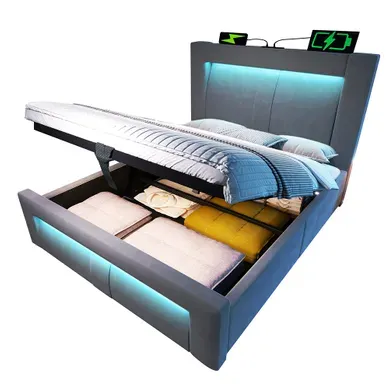 Lit Coffre 90x200 Cm, Avec App-control LED, USB Et Type-c, Tête De Lit Incurvée, Velours, Gris Lit Coffre 90x200 Cm, Avec App-control LED, USB Et Type-c, Tête De Lit Incurvée, Velours, Gris