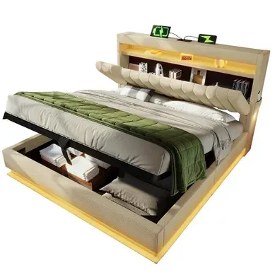 Lit Coffre Double 140x190 Cm, Tête De Lit Avec Rangement, USB-type-c Et éclairage LED, Lin, Beige
