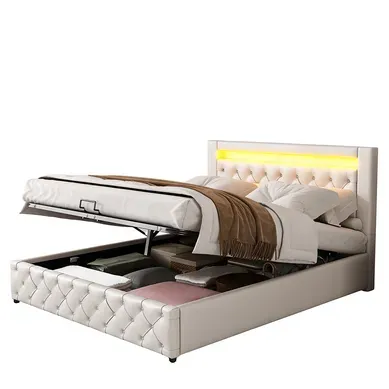 Lit Coffre Adulte 140x190cm Avec LED, Sommier à Lattes, Rangement Hydraulique, Tissu En Pu, Blanc Lit Coffre Adulte 140x190cm Avec LED, Sommier à Lattes, Rangement Hydraulique, Tissu En Pu, Blanc
