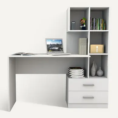 Bureau Et Bibliothèque Intégrée 2 Tiroirs 6 Niches Blancs L 108.3 H 130 P 40 Cm