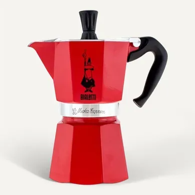 Cafetière Moka Express 6 Tasses - Aluminium Rouge, Poignée Bakélite Cafetière Moka Express 6 Tasses - Aluminium Rouge, Poignée Bakélite