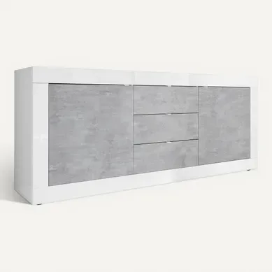 Buffet 2 portes 3 tiroirs BRIGHT blanc laqué et imitation béton Buffet 2 portes 3 tiroirs BRIGHT blanc laqué et imitation béton vue 3/4