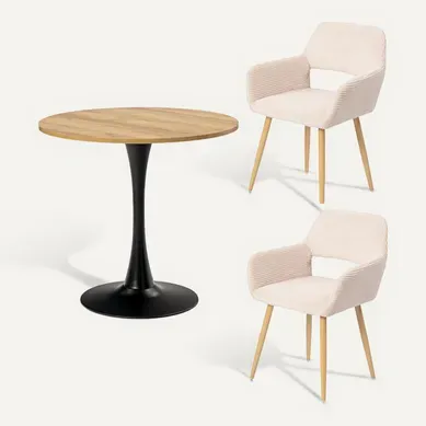 Table Salle à Manger Ronde Avec 2 Chaises Ensemble De 3 Meubles Pour Salon Cuisine, Chêne + Beige Table Salle à Manger Ronde Avec 2 Chaises Ensemble De 3 Meubles Pour Salon Cuisine, Chêne + Beige