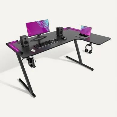 Shigeru - Bureau Gaming D'angle 140x99x76 Cm Avec LED En Mdf Et Métal Noir Shigeru - Bureau Gaming D'angle 140x99x76 Cm Avec LED En Mdf Et Métal Noir
