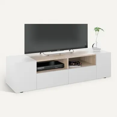 Meuble TV KLAUS Imitation chêne et blanc vue 3/4