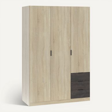 Armoire 3 portes + 3 tiroirs AYALA imitation Chêne et noir vue 3/4