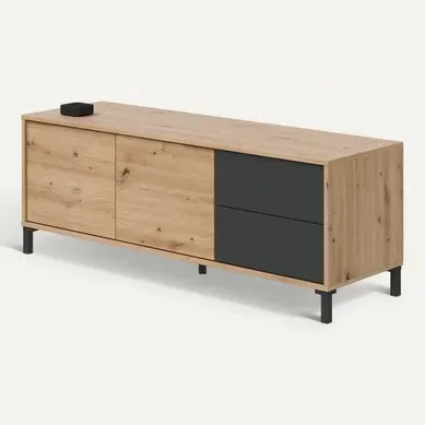 Meuble TV 2 portes 2 tiroirs L.130 cm BERTILLE imitation chêne et anthracite vue 3/4