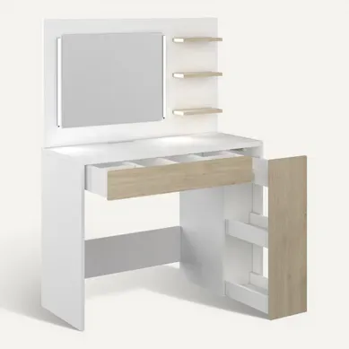 Coiffeuse avec miroir LED réglable et rangements KHADI imitation chêne et blanc Coiffeuse avec miroir LED réglable et rangements KHADI imitation chêne et blanc vue 3/4